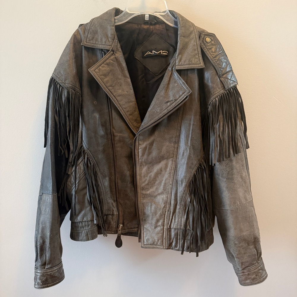 Vintage AM2 by Andrew Marc Leather Biker Jacket w/ Fringe – Size Medium - Picture 10 of 11